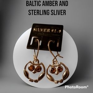 Baltic Amber and sterling silver owl earrings